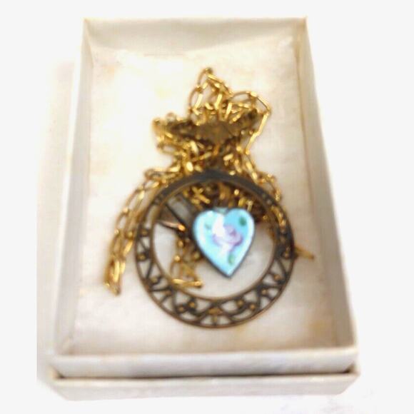 Vintage Glass Works Studio Heart Necklace Ceramic Blue Green Brass Metal 24” - Picture 6 of 6